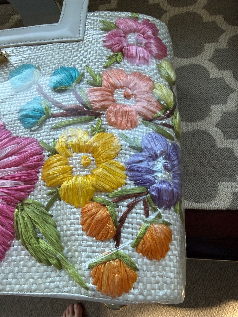 Vintage unused purse 1950’s 1960’s? White woven rafia, vinyl trim, floral - Picture 10 of 10